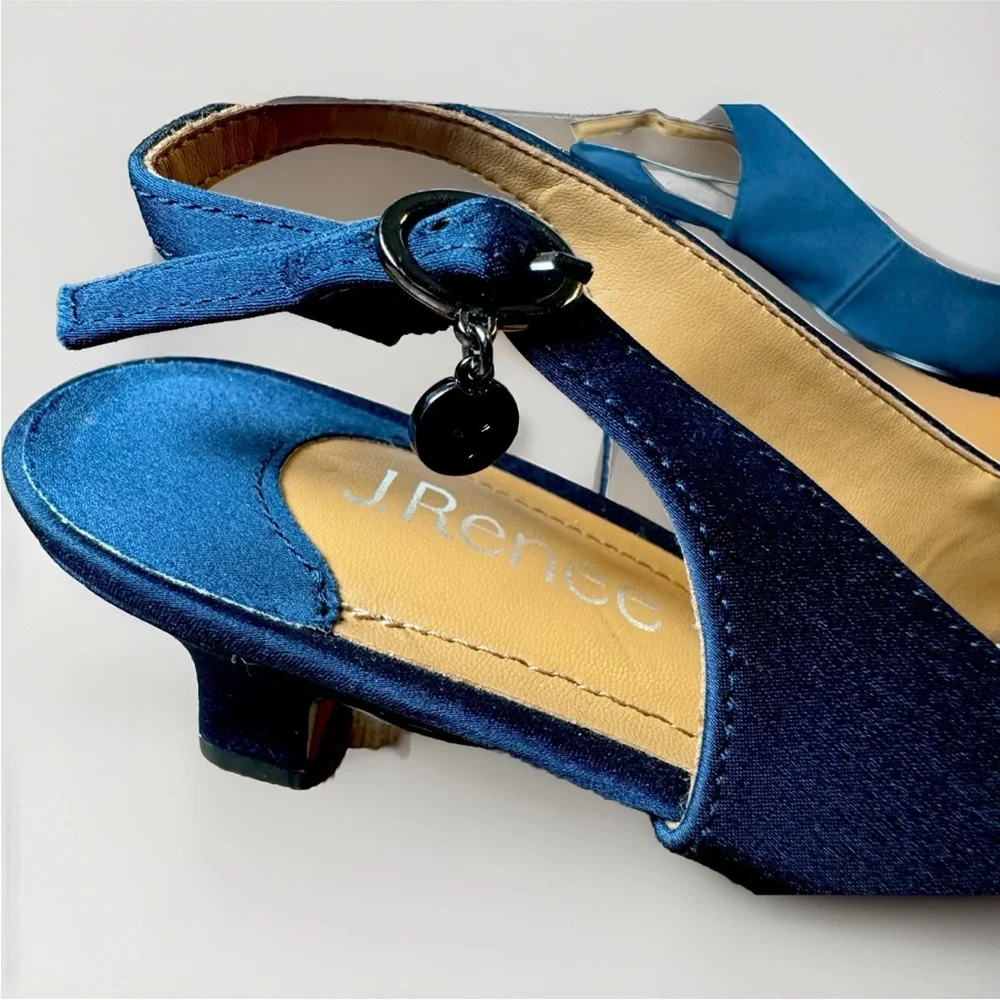 (9.5) J.Renee Elegant Slingback Dark Blue Peep-Toe Heels